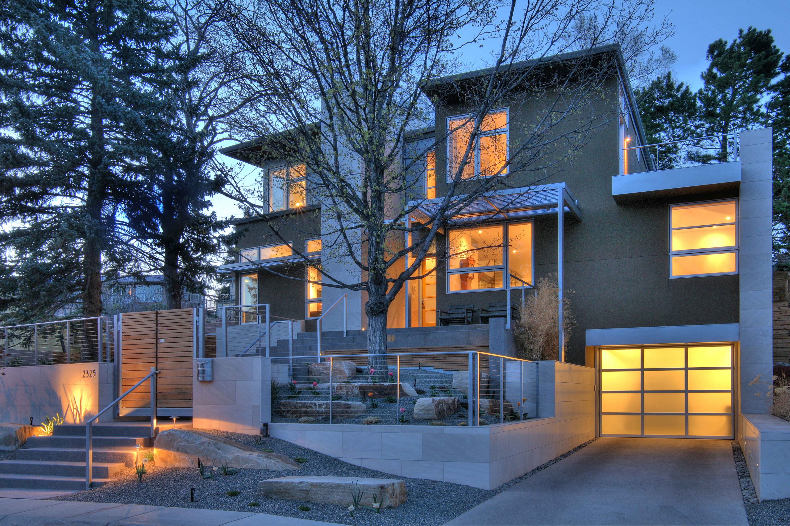 Gunderson Residence Glowing Front Facade at Dusk